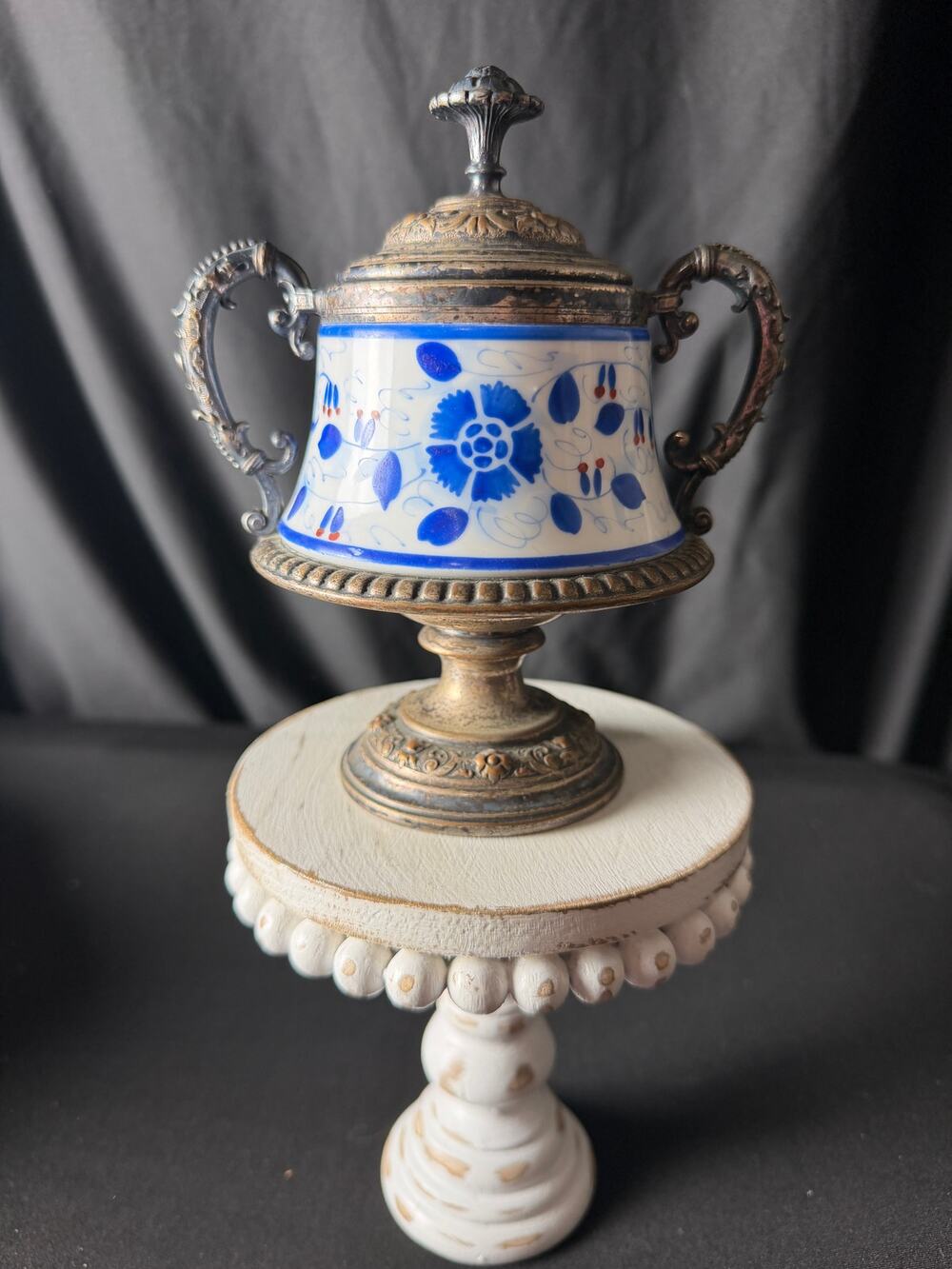 Vintage WMF Silverplate Porcelain Urn Sugar Bowl Lidded Jar German Floral Blue